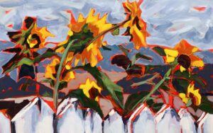 Painting of sunflowers reaching up from behind a fence.