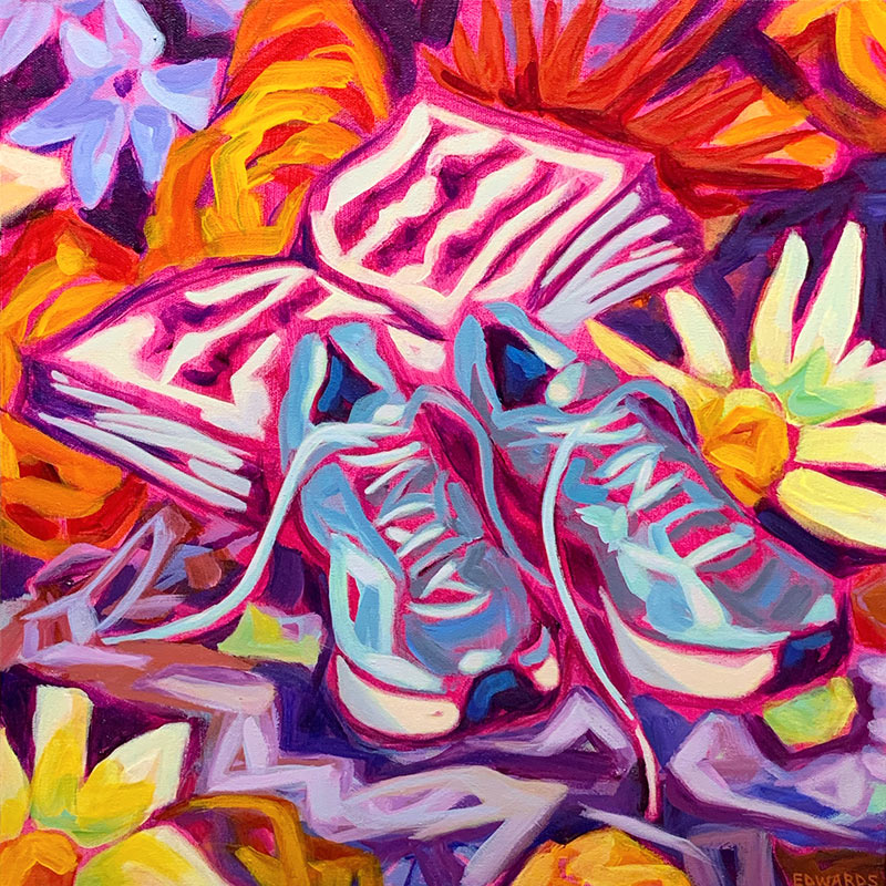 colorful painting of flowers, journal and running shoes