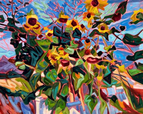Large sunflower painting with bold strokes and vibrant color
